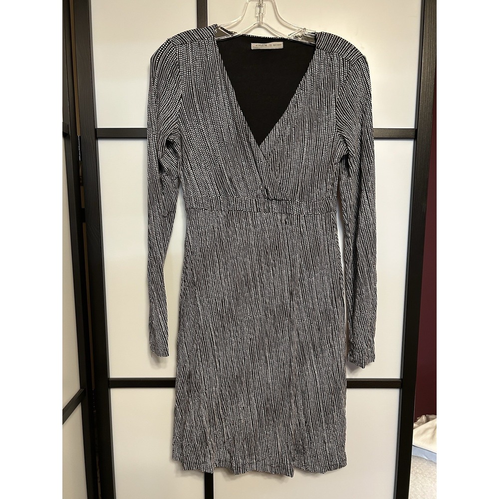 Athleta Wrap It Up Dress Size XS Black White Polka Dot V-Neck Long Sleeve